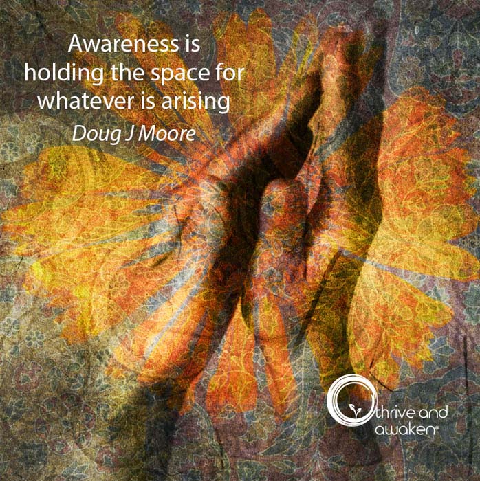 Hands coming together with orange color behind and around them. Doug's quote: Awareness is holding the space for whatever is arising